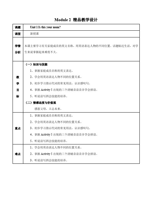 初中英语外研版七年级上册《Unit 1 Is this your mum》教学设计