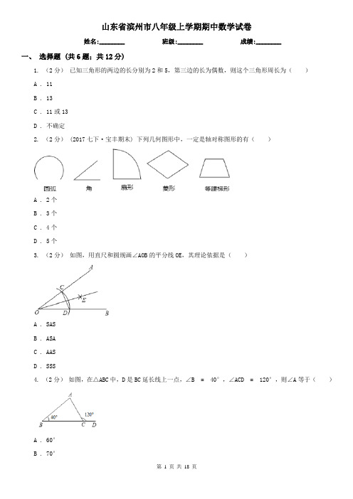 山东省滨州市八年级上学期期中数学试卷