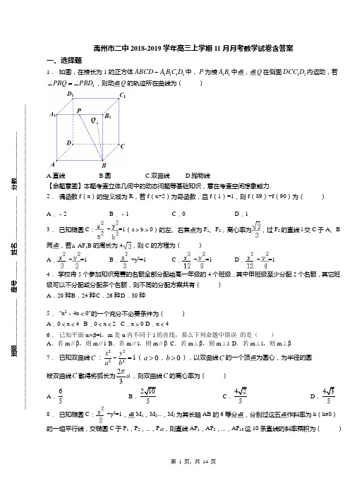 禹州市二中2018-2019学年高三上学期11月月考数学试卷含答案