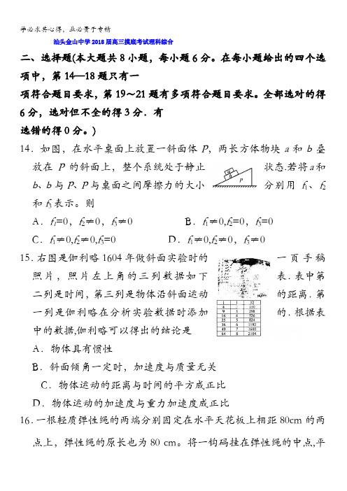 广东省汕头市金山中学2018届高三摸底考试理科综合物理试题含答案