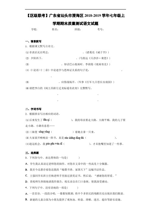2020至2021学年七年级上学期期末质量测试语文试题