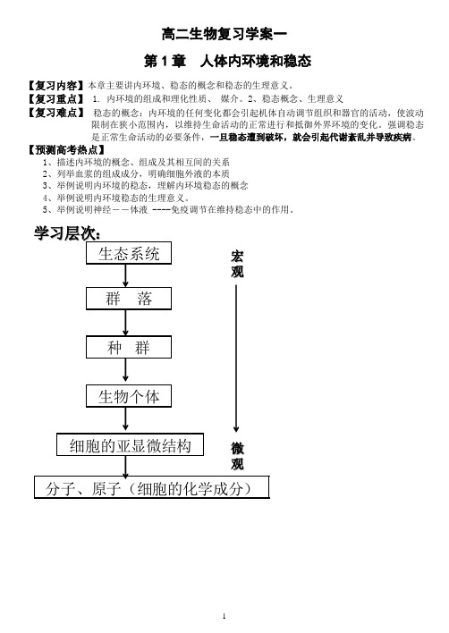 高二生物复习学案一《人体内环境与稳态》