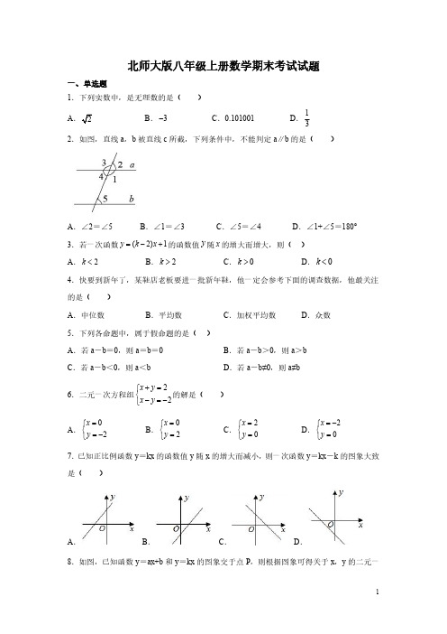 北师大版八年级上册数学期末考试试卷及答案