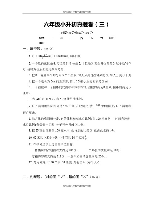 人教版六年级下册数学小升初真题卷(三)