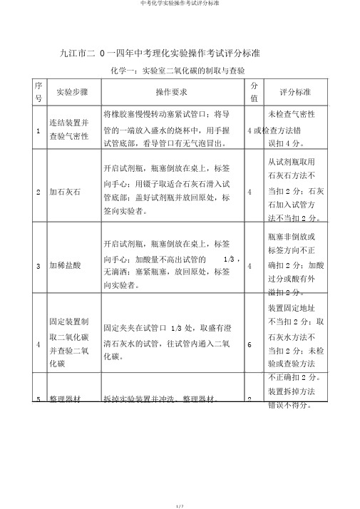 中考化学实验操作考试评分标准