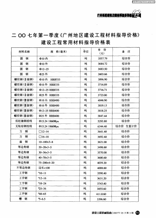 二○○七年第一季度《广州地区建筑工程材料指导价格》建设工程常用材料指导价格表