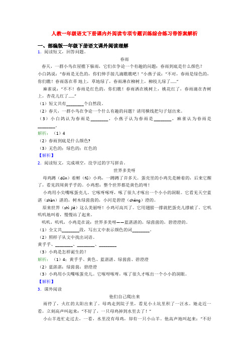 人教一年级语文下册课内外阅读专项专题训练综合练习带答案解析