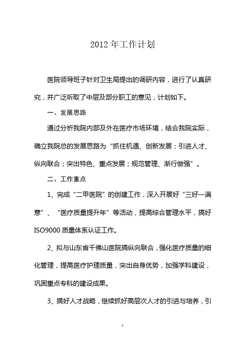 二级医院2012年工作计划