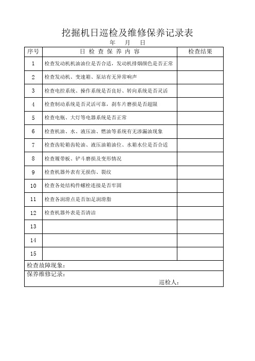 挖掘机日巡检及维修保养记录表