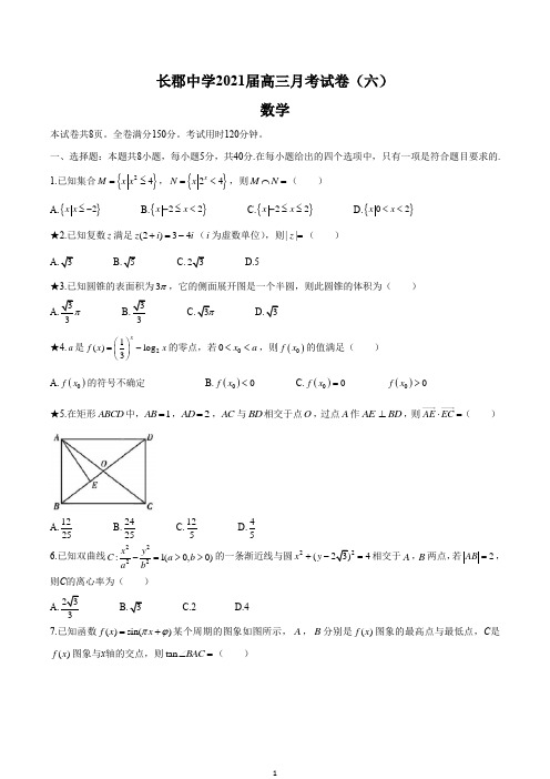 湖南省长郡中学2021届高三下学期月考试卷(六)数学试题 Word版含答案