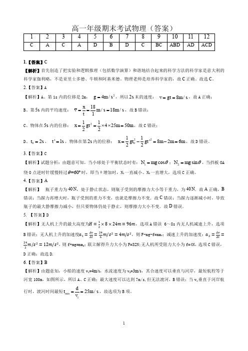 安徽省太和中学2018-2019学年高一下学期开学考试(期末)物理答案