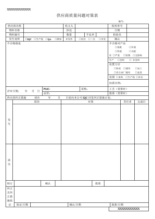 供应商质量问题对策表(空白表格)