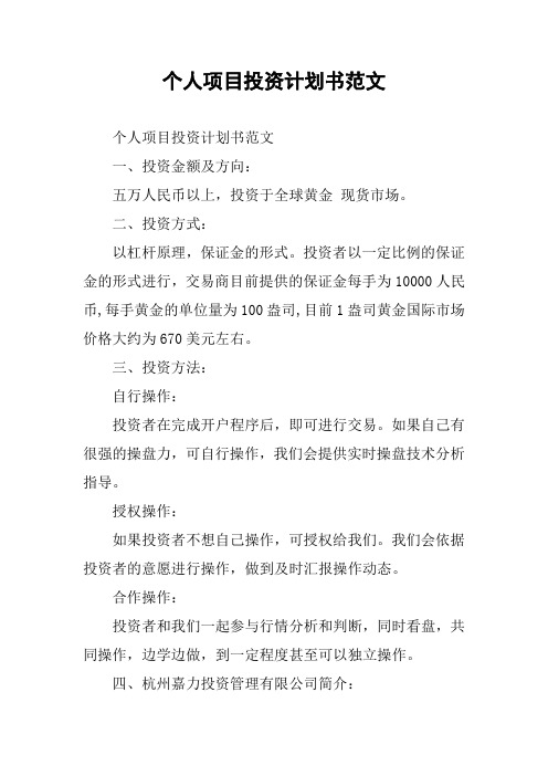 个人项目投资计划书范文