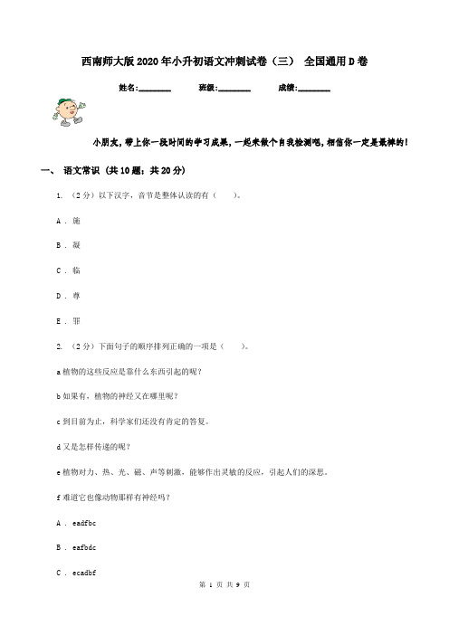 西南师大版2020年小升初语文冲刺试卷(三) 全国通用D卷