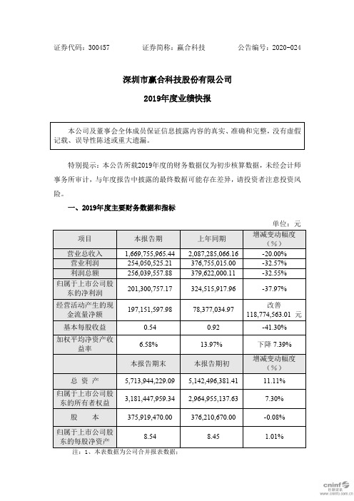 赢合科技：2019年度业绩快报