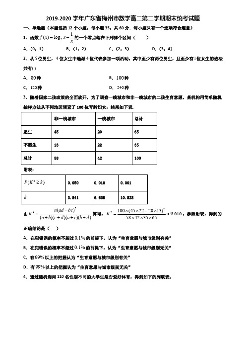 2019-2020学年广东省梅州市数学高二第二学期期末统考试题含解析