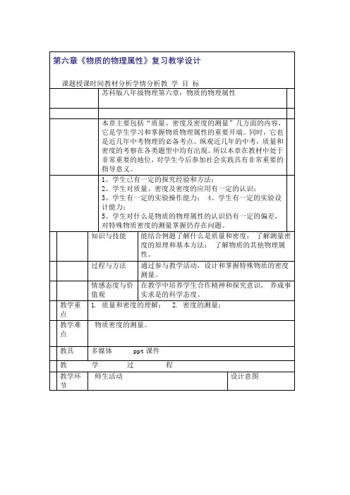 苏科版八年级物理下册第六章物质的物理属性复习课程教学设计