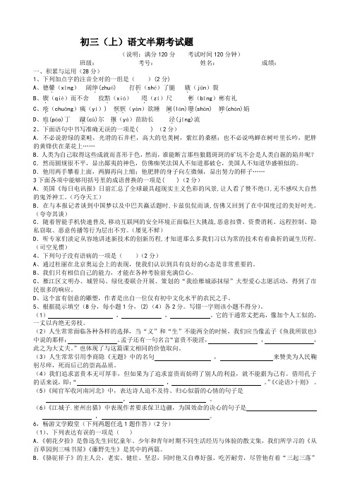 九年级(上)语文半期考试试题.doc
