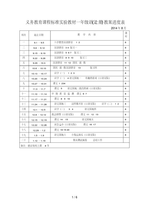 小学语文教学进度表(一至六年级语文上册)