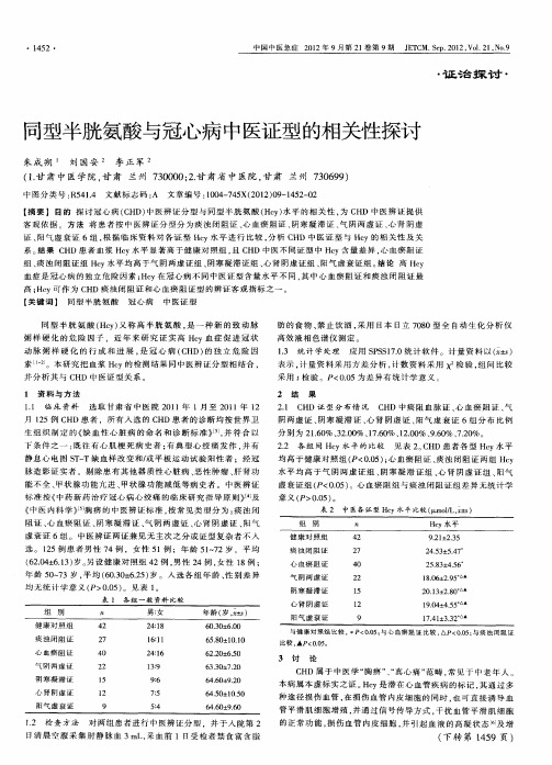 同型半胱氨酸与冠心病中医证型的相关性探讨