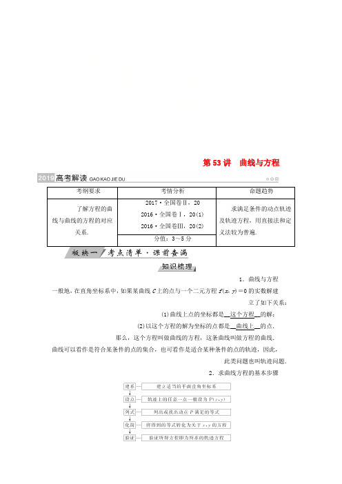 2019版高考数学一轮复习第八章解析几何第53讲曲线与方程学案