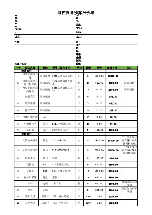 高清平安城市视频监控设备工程安装预算清单