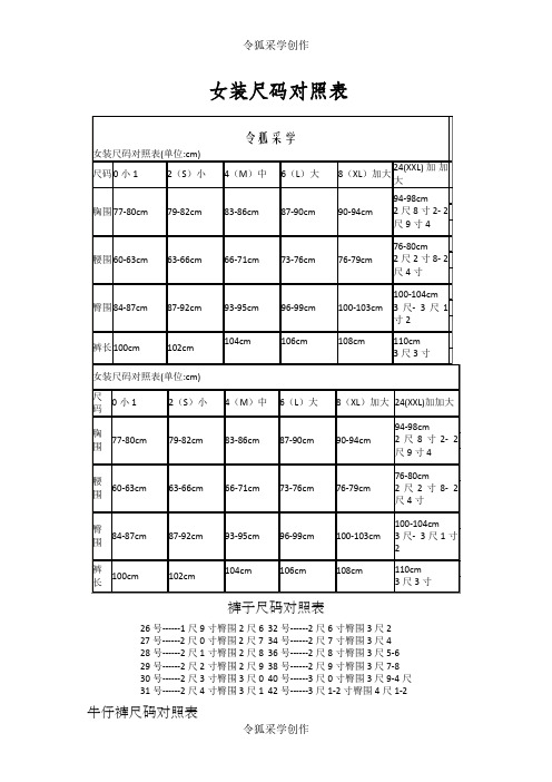 最全女装尺码对照表