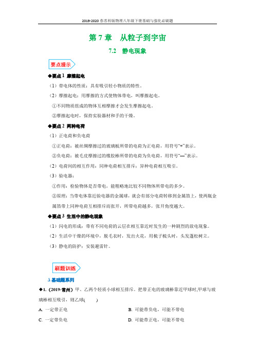 2019-2020春苏科版物理八年级下册基础与强化必刷题：7.2静电现象(原卷版)