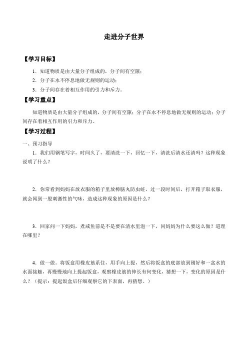 苏科版物理八年级下册-7.1 走进分子世界-学案设计(无答案)
