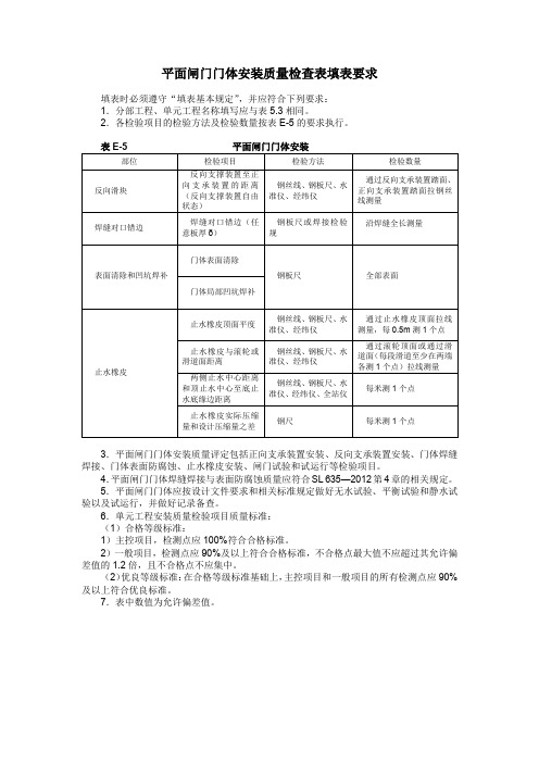平面闸门门体安装质量检查表填表要求