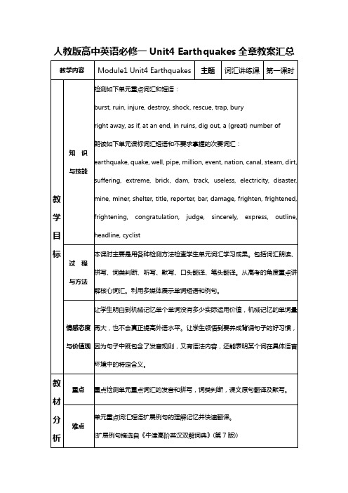 人教版高中英语必修一Unit4 Earthquakes全章教案汇总