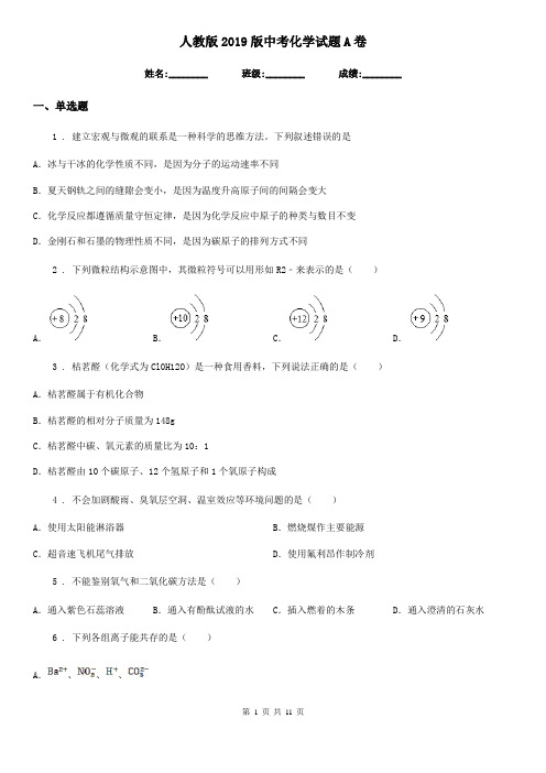 人教版2019版中考化学试题A卷新版