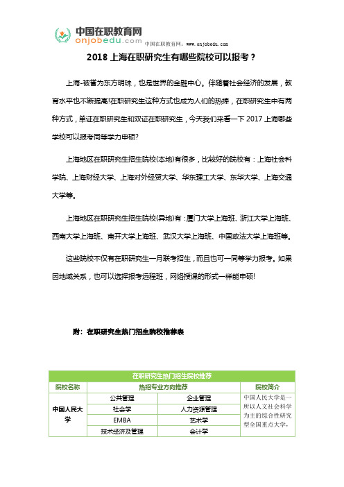 2018上海在职研究生有哪些院校可以报考