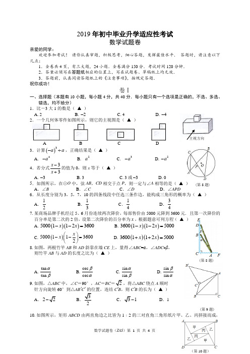 2019年初中毕业升学考试适应性考试数学试题卷