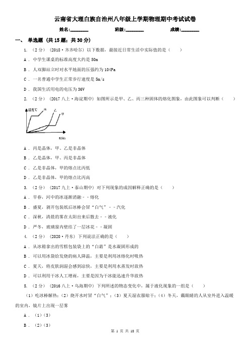 云南省大理白族自治州八年级上学期物理期中考试试卷