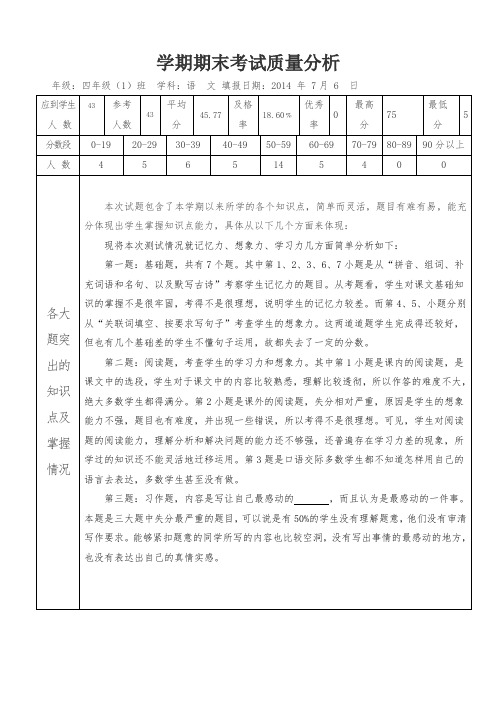 小学期末考试质量分析表格四年级