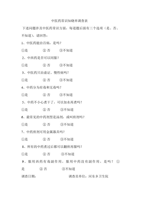 中医药常识知晓率调查表
