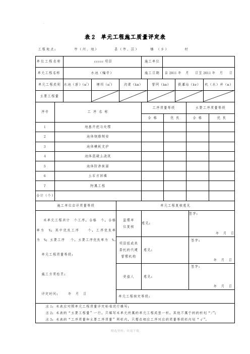 有盖水池工序施工质量评定表范本