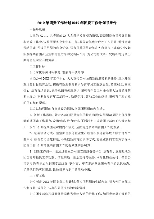 2019年团委工作计划 2019年团委工作计划书报告 精品