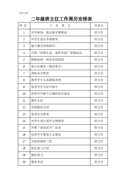 二年级班主任工作周历安排表