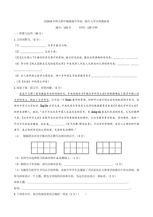 湖南省长沙市师大附中梅溪湖中学2019-2020学年高一新生入学分班摸底考试语文试题