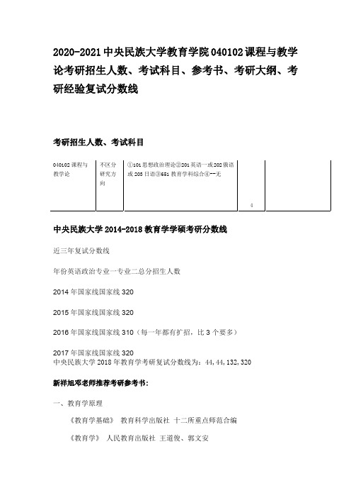 2020-2021中央民族大学教育学院课程与教学论考研招生人数、考试科目、参考书、考研大纲考研经验复试分数线