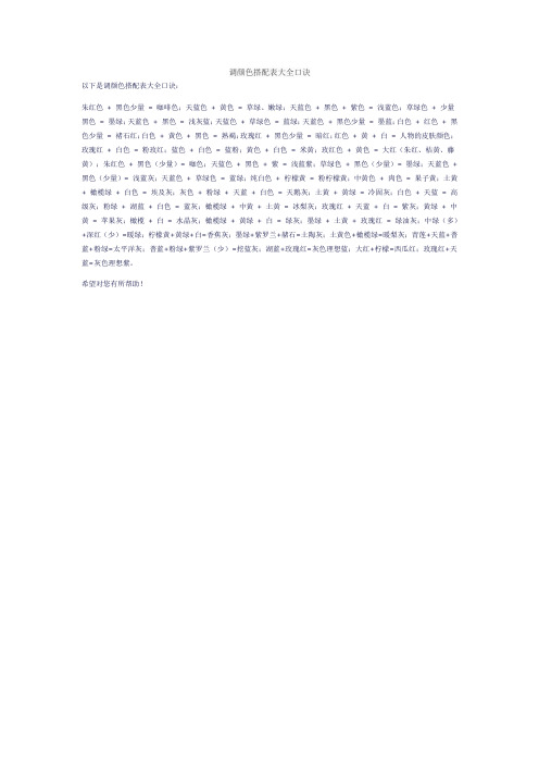 调颜色搭配表大全口诀