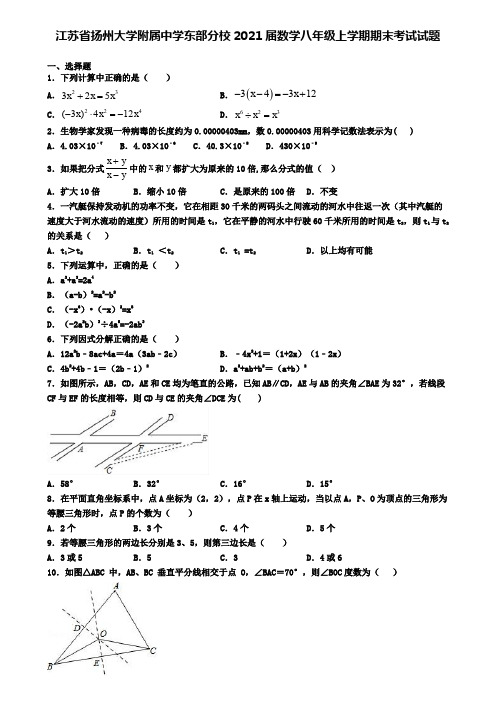 江苏省扬州大学附属中学东部分校2021届数学八年级上学期期末考试试题