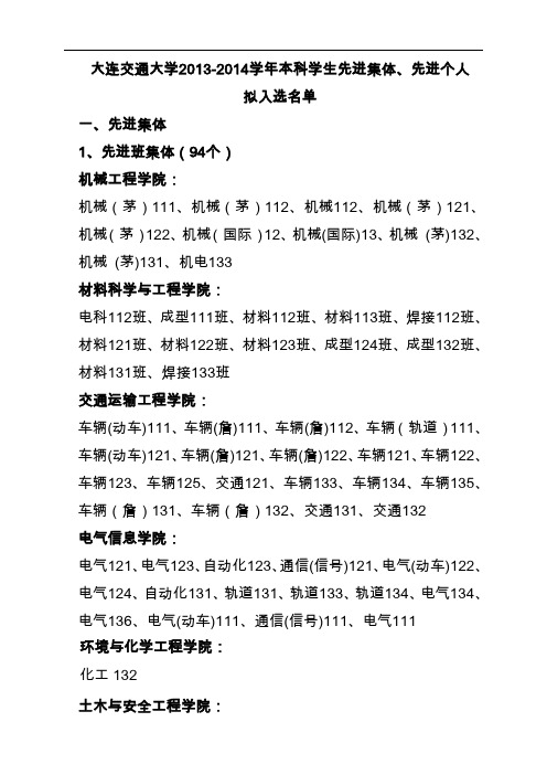 大连交通大学2013-2014学年本科学生先进集体、先进个人拟入选名单讲解