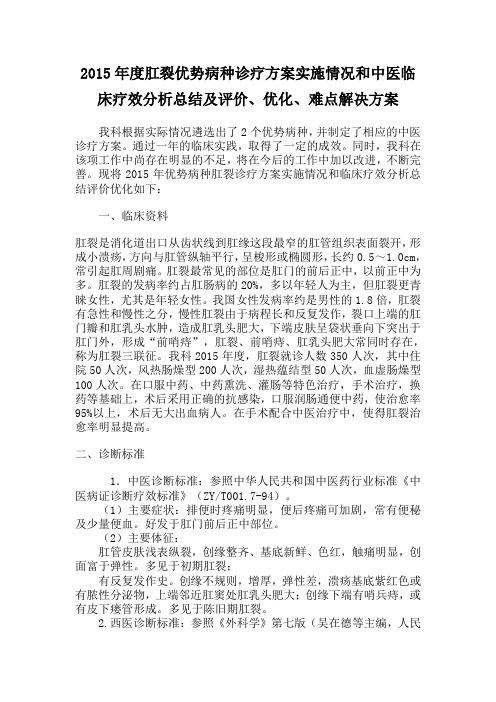 2015年度肛裂优势病种诊疗方案实施情况和中医临床疗效分析总结及评价