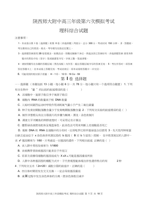 陕师大附中高三年级第六次模拟考试理综(无答案)