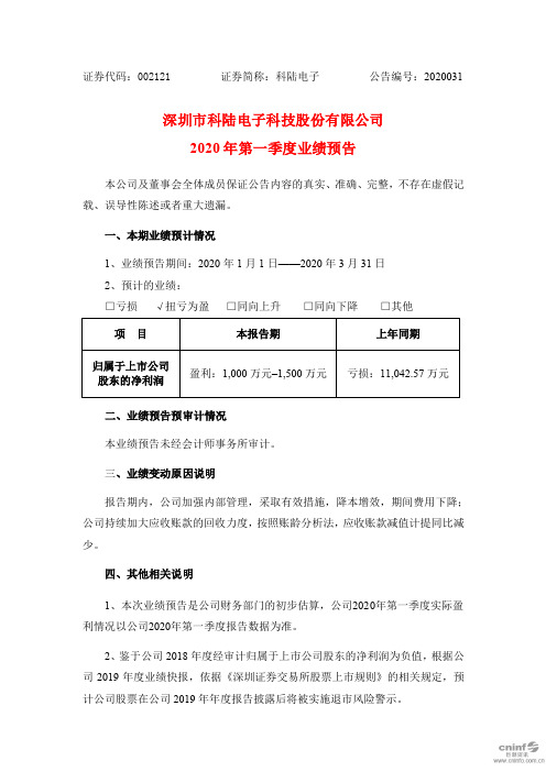 科陆电子：2020年第一季度业绩预告
