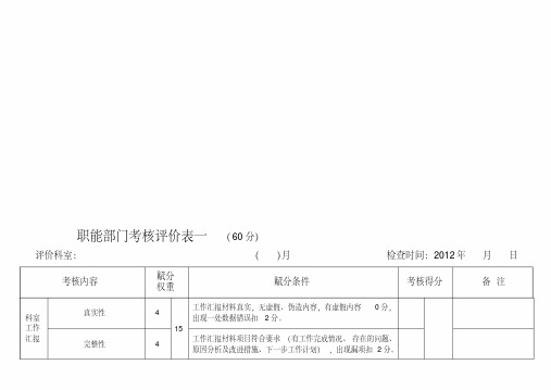 医院职能行政部门工作月查考核评价表一(60分).