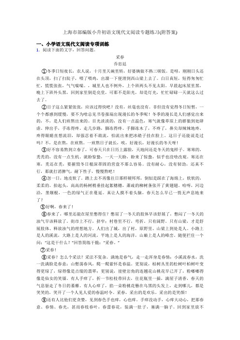 上海市部编版小升初语文现代文阅读专题练习(附答案)